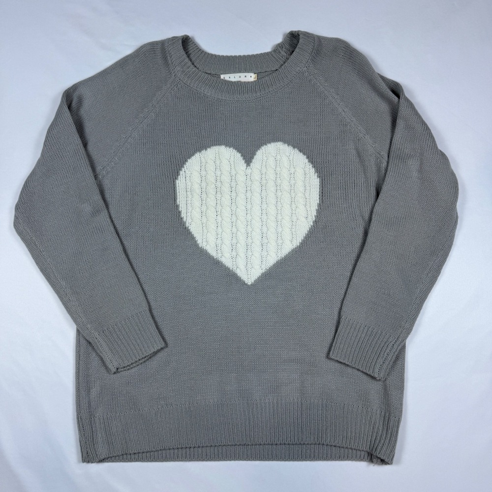 Exlura Sweater Womens L Gray Cream Heart Cable Knit Raglan Pullover